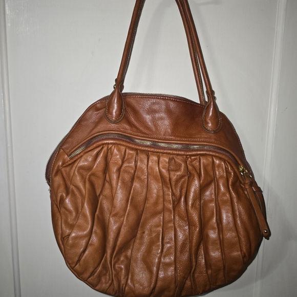 Sabina New York Brown Leather Hobo Handbag Pleated Rounded Zippers 18x13" - Picture 8 of 13